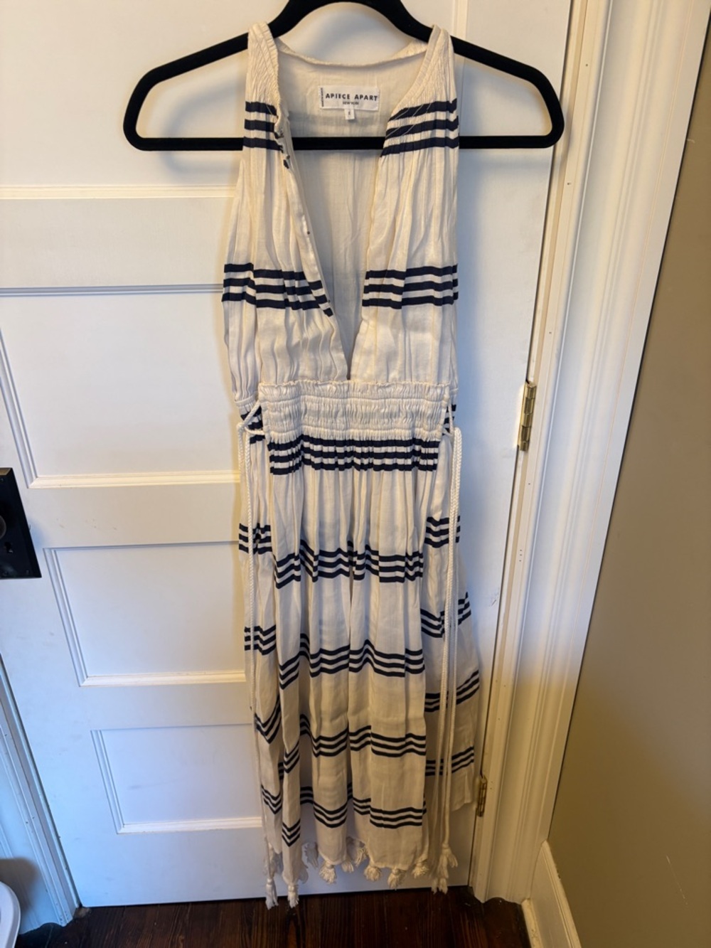 Apiece Apart White and Navy Striped Sleeveless Maxi Dress with Tassel Hem